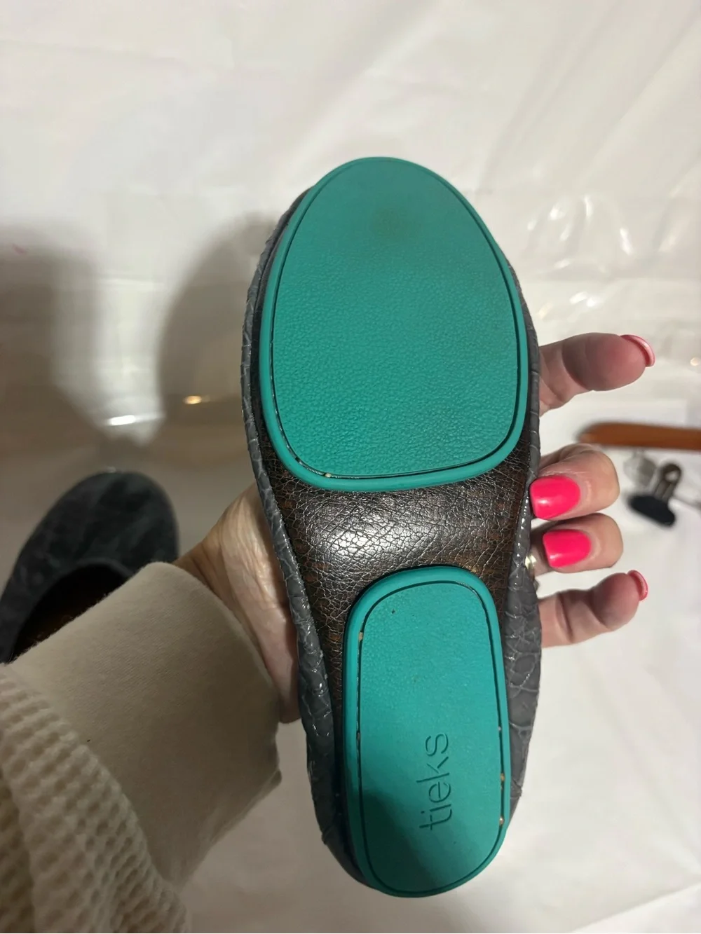 Tieks Gray Croc Patent Ballet Flat with Teal Sole Trim